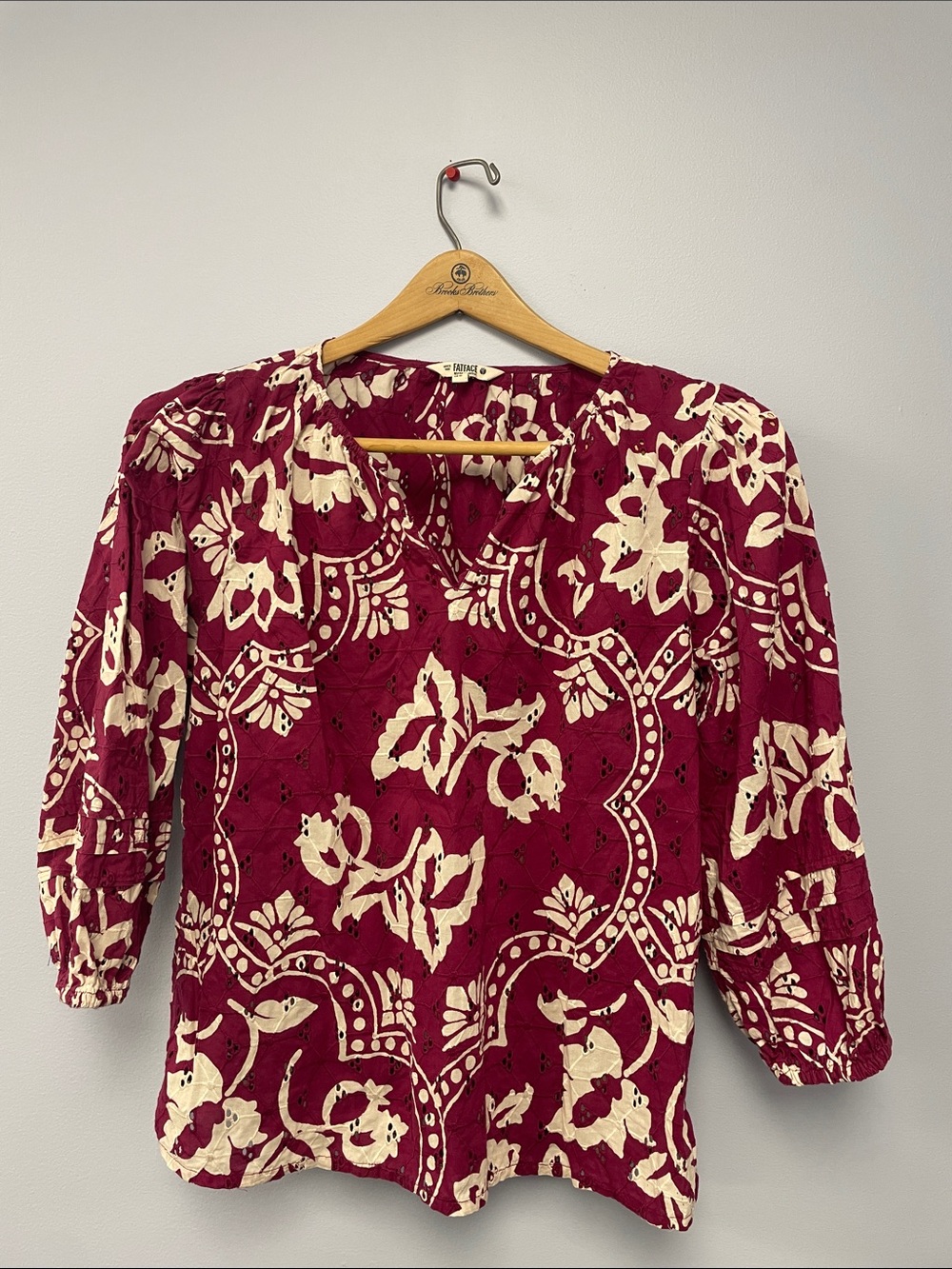 Printed  Long-Sleeve Floral Blouse in Magenta and White